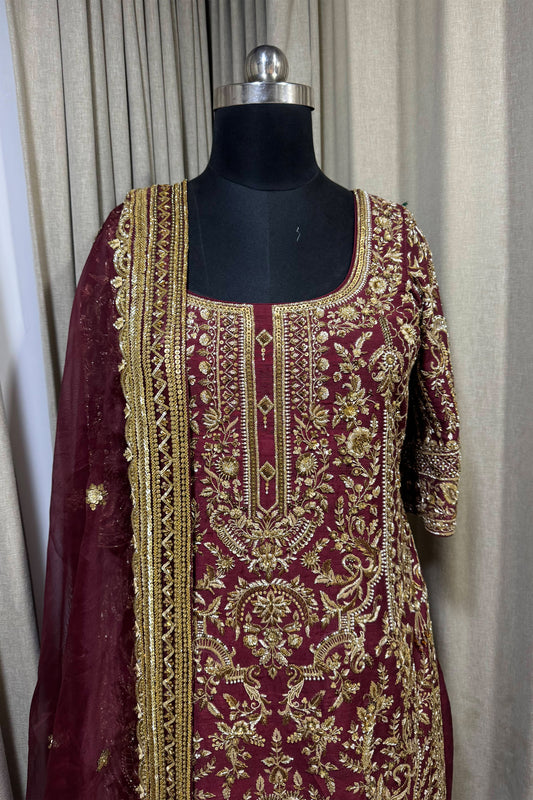 Mehroon Golden Suit